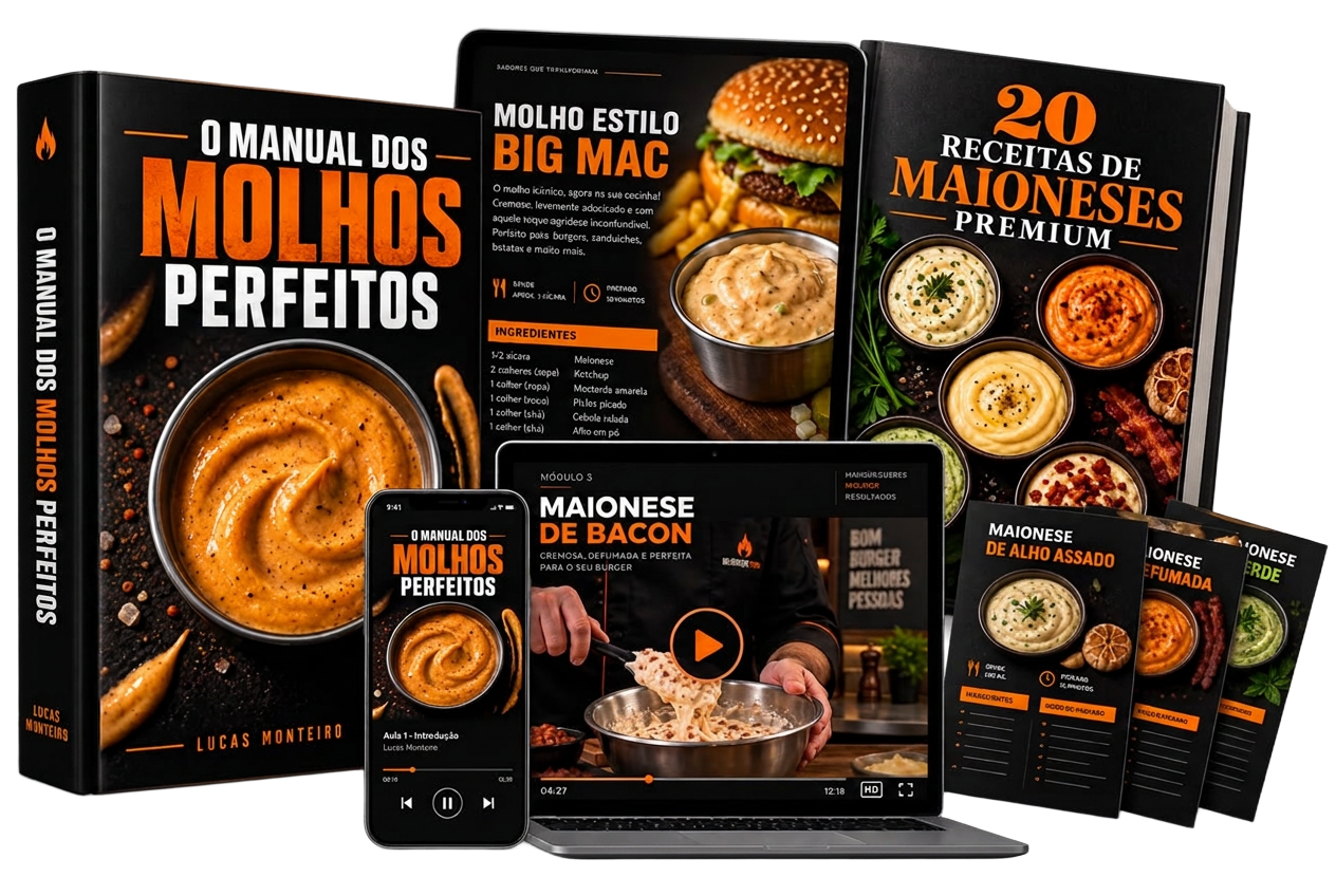 Mockup do Manual dos Molhos Perfeitos com receitas, videoaulas e bônus